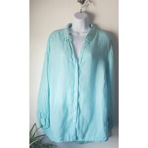 Sigrid Olsen Womens Turquoise Blue Linen Shirt Size 2X Beachy Travel Preppy